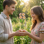 Stained glass pink primrose flower with yellow centers, February birth month gift, available with personalized wood stand or as a single stem.