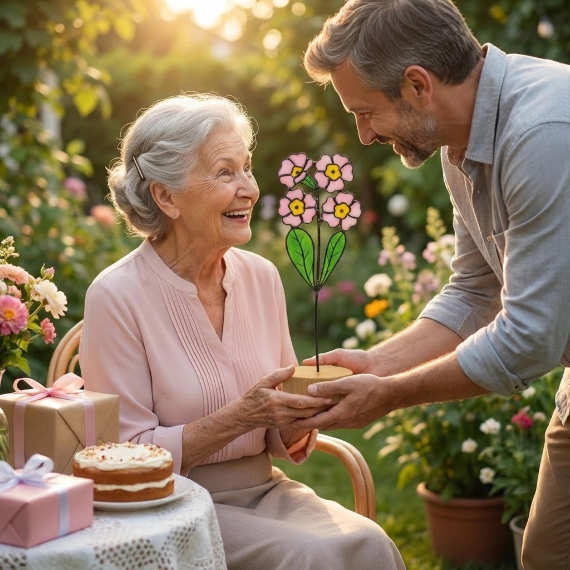 Stained glass pink primrose flower with yellow centers, February birth month gift, available with personalized wood stand or as a single stem.