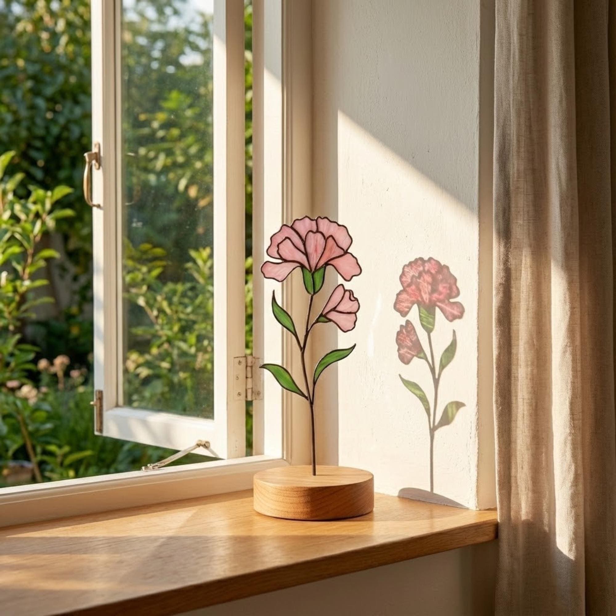 Stained glass pink carnation flower, January birth month gift, available with personalized wood stand or as a single stem for vase.
