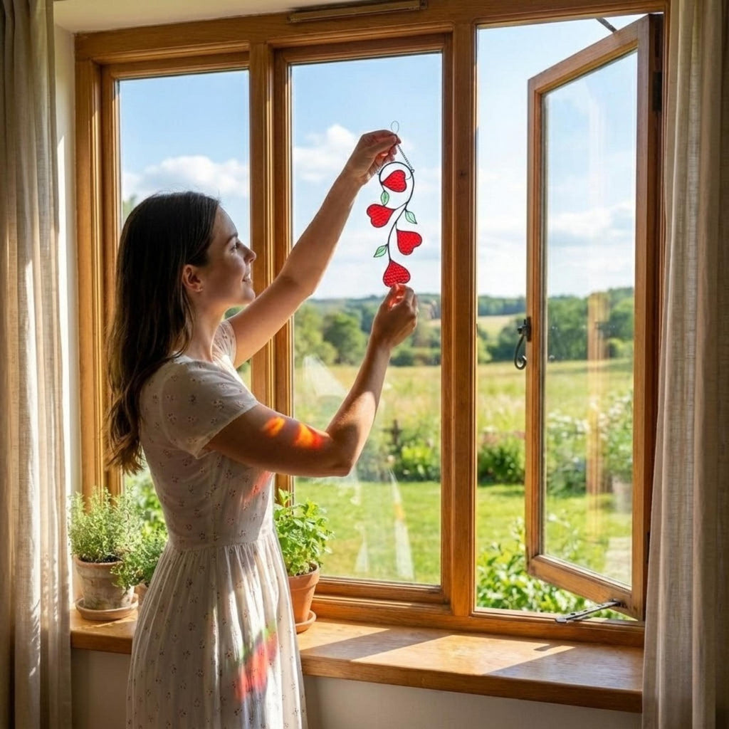 Heart Stained Glass Suncatcher | Love Vine Window Hanging | Romantic Cottagecore Decor | 3rd Anniversary Valentine Gift for Wife | Glass Art