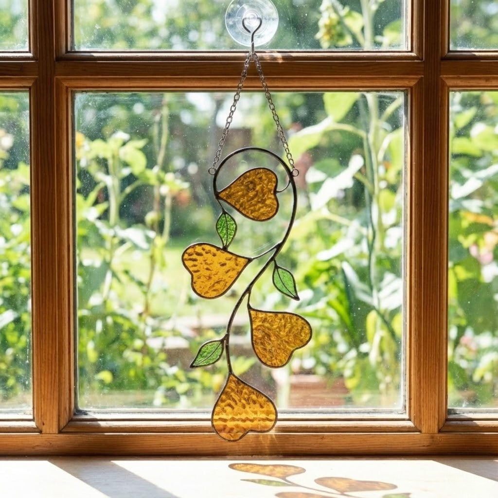 Heart Stained Glass Suncatcher | Love Vine Window Hanging | Romantic Cottagecore Decor | 3rd Anniversary Valentine Gift for Wife | Glass Art