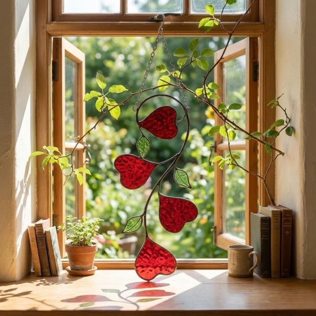 Heart Stained Glass Suncatcher | Love Vine Window Hanging | Romantic Cottagecore Decor | 3rd Anniversary Valentine Gift for Wife | Glass Art