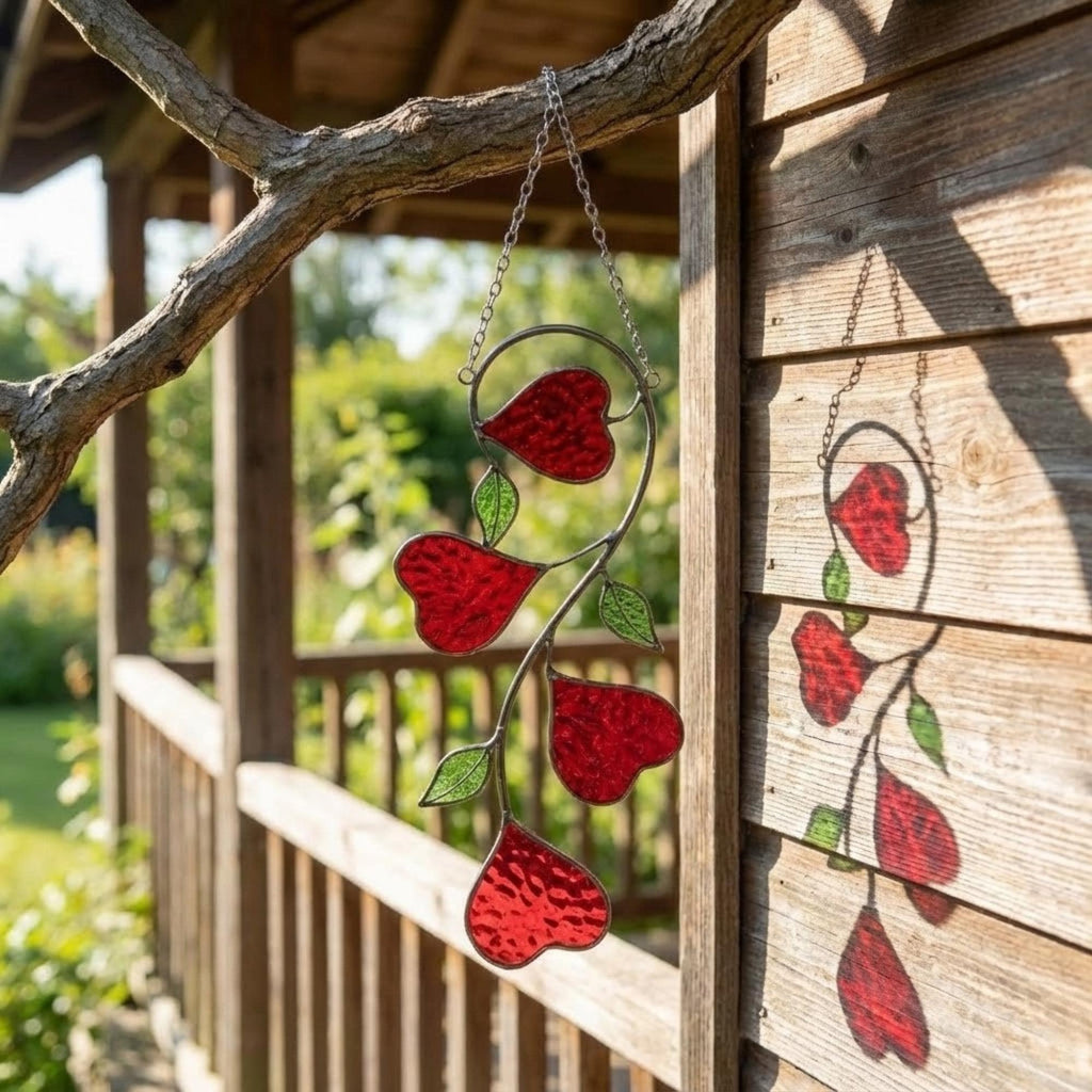 Heart Stained Glass Suncatcher | Love Vine Window Hanging | Romantic Cottagecore Decor | 3rd Anniversary Valentine Gift for Wife | Glass Art