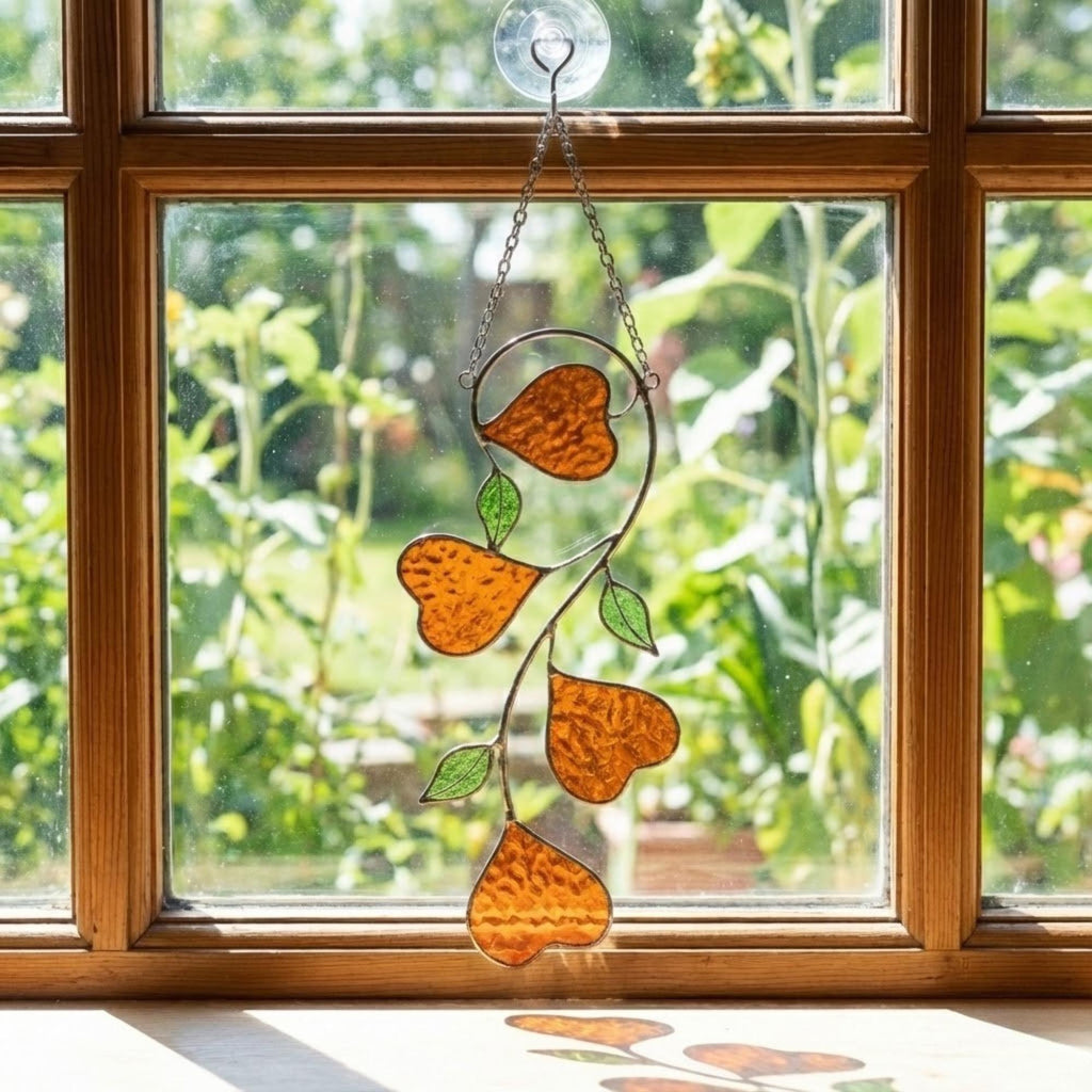 Heart Stained Glass Suncatcher | Love Vine Window Hanging | Romantic Cottagecore Decor | 3rd Anniversary Valentine Gift for Wife | Glass Art