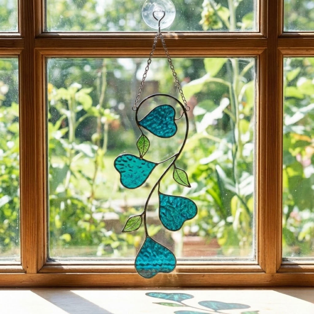 Heart Stained Glass Suncatcher | Love Vine Window Hanging | Romantic Cottagecore Decor | 3rd Anniversary Valentine Gift for Wife | Glass Art