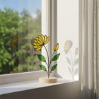 Stained glass birth month flower collection on wood stand, personalized family garden gift for mom, comprising 12 monthly floral designs like rose daisy and daffodil.
