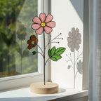 Stained glass birth month flower collection on wood stand, personalized family garden gift for mom, comprising 12 monthly floral designs like rose daisy and daffodil.