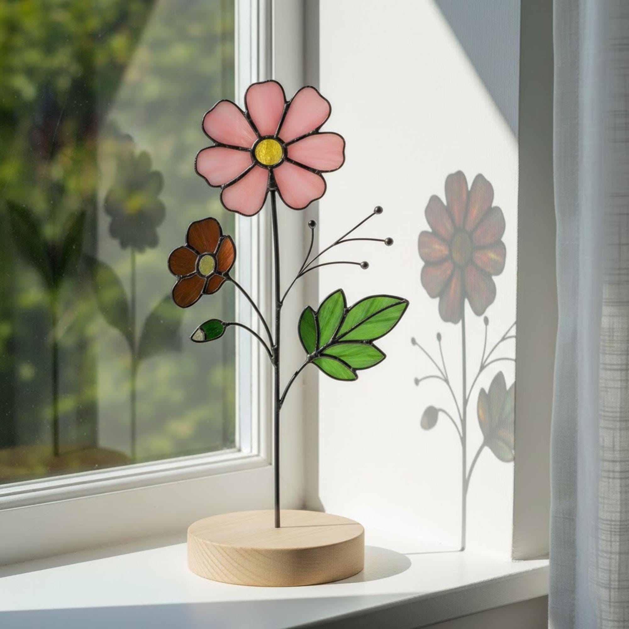 Stained glass birth month flower collection on wood stand, personalized family garden gift for mom, comprising 12 monthly floral designs like rose daisy and daffodil.