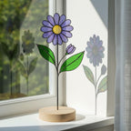 Stained glass birth month flower collection on wood stand, personalized family garden gift for mom, comprising 12 monthly floral designs like rose daisy and daffodil.