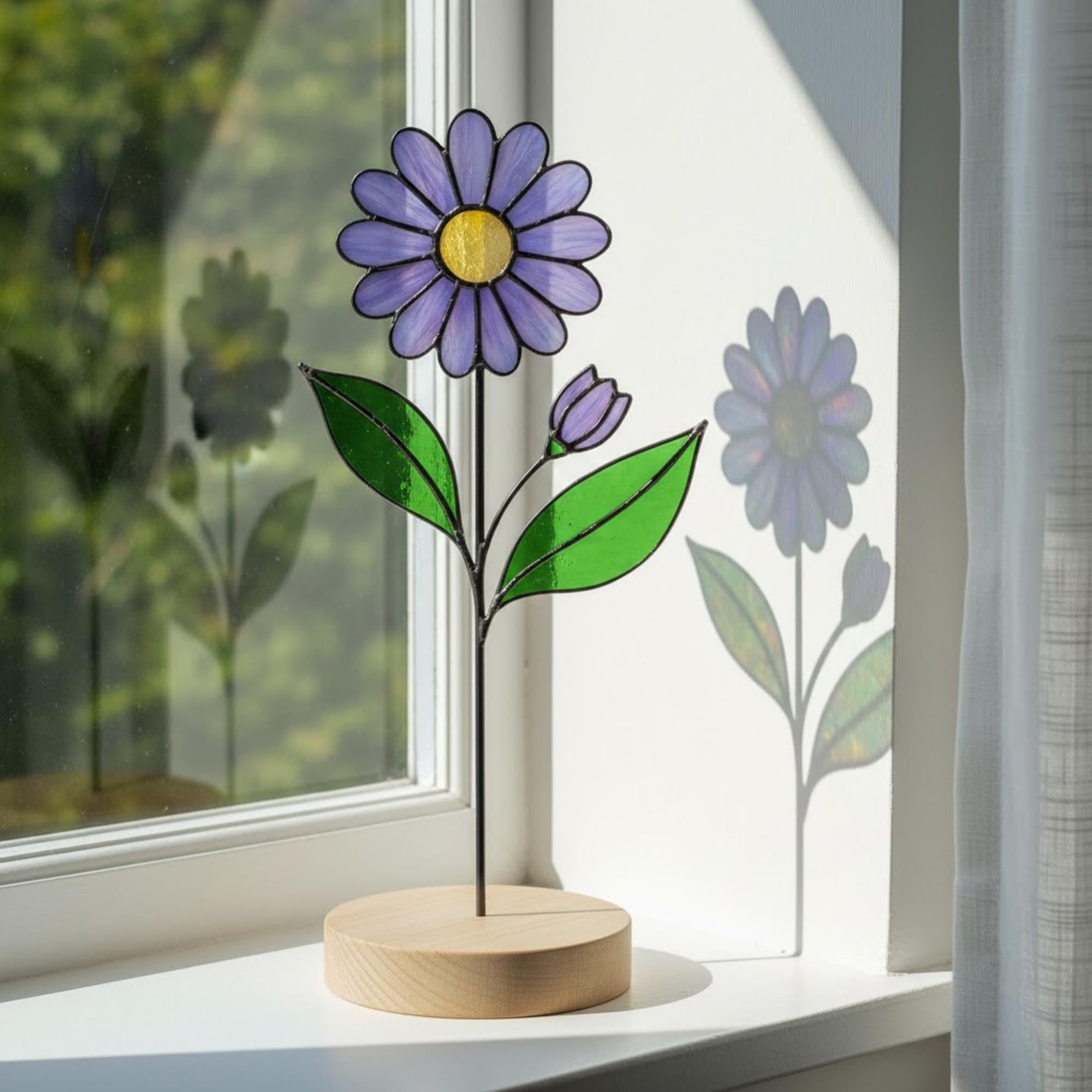 Stained glass birth month flower collection on wood stand, personalized family garden gift for mom, comprising 12 monthly floral designs like rose daisy and daffodil.