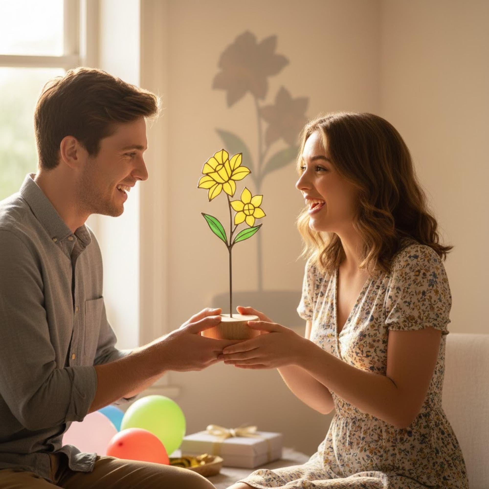 Stained glass birth month flower collection on wood stand, personalized family garden gift for mom, comprising 12 monthly floral designs like rose daisy and daffodil.
