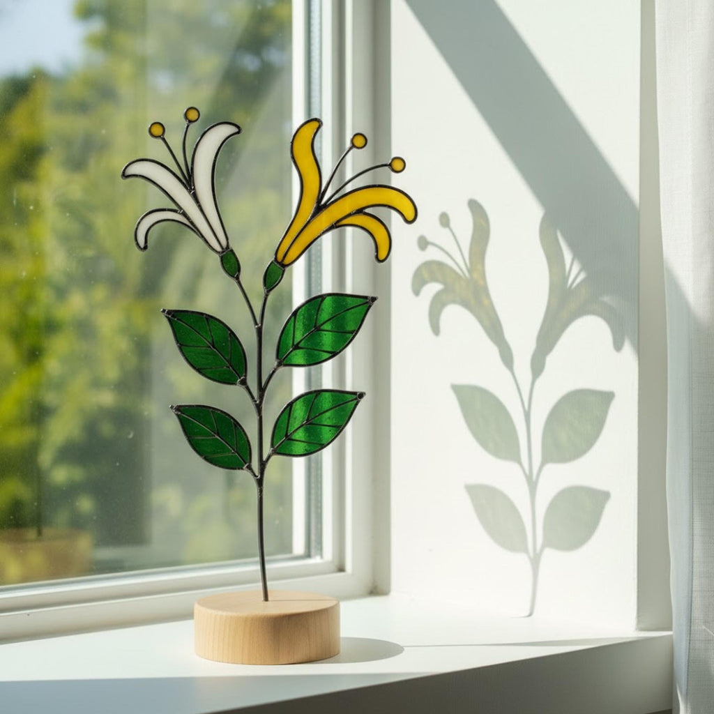 Stained glass birth month flower collection on wood stand, personalized family garden gift for mom, comprising 12 monthly floral designs like rose daisy and daffodil.