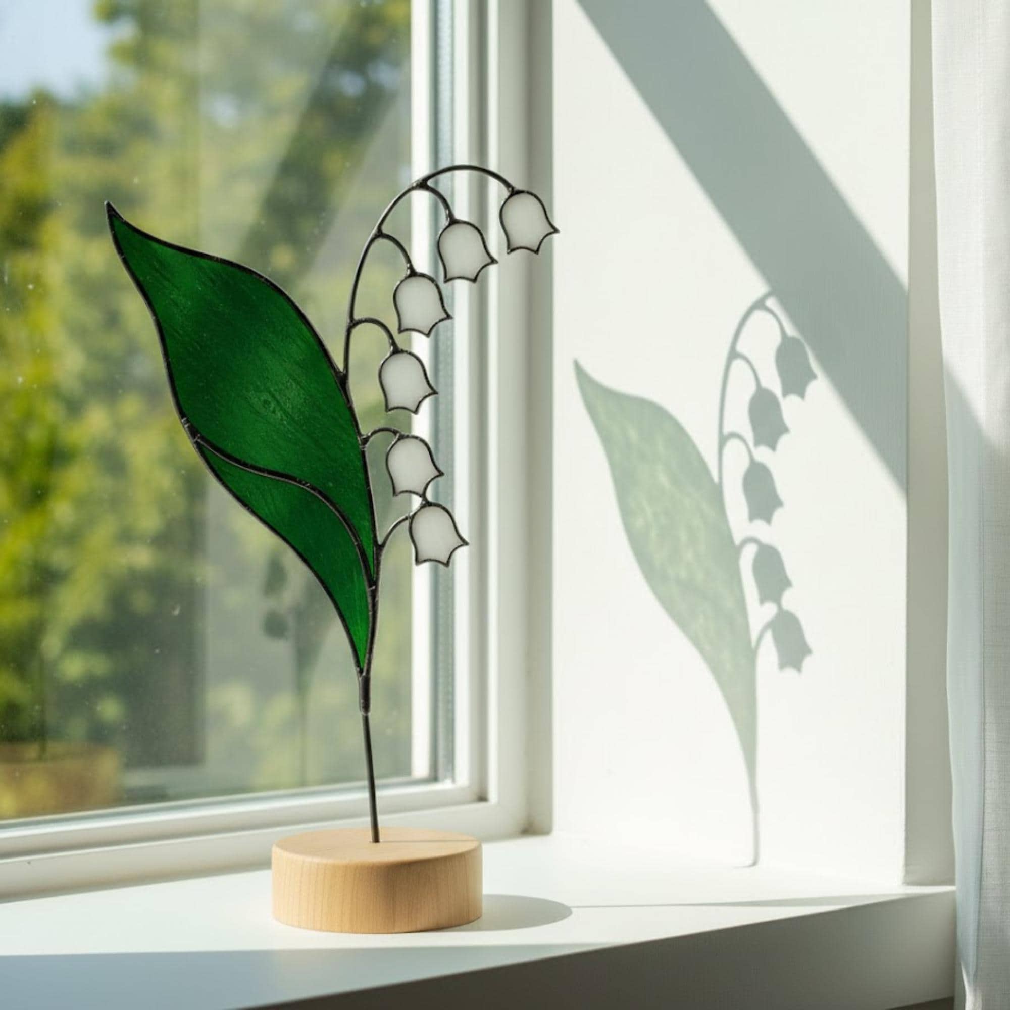 Stained glass birth month flower collection on wood stand, personalized family garden gift for mom, comprising 12 monthly floral designs like rose daisy and daffodil.