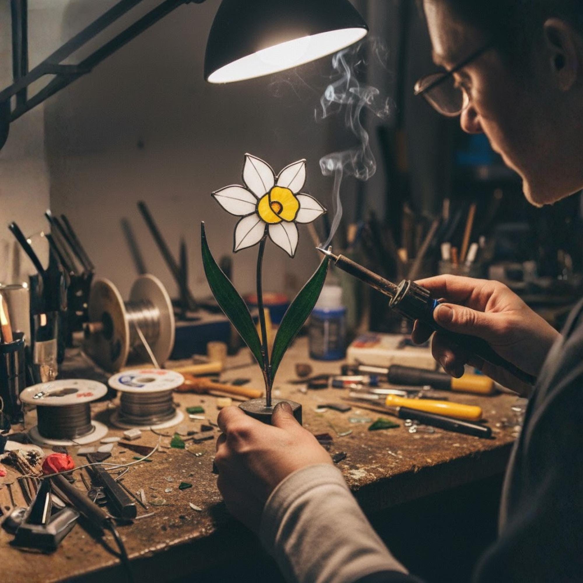 Stained glass birth month flower collection on wood stand, personalized family garden gift for mom, comprising 12 monthly floral designs like rose daisy and daffodil.