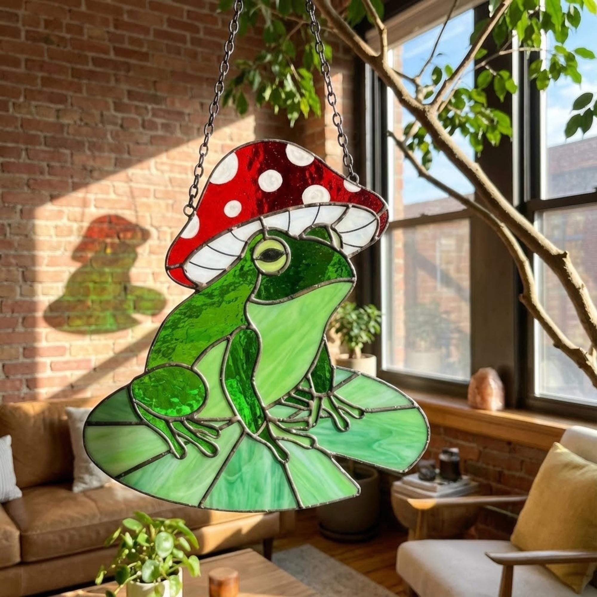 Stained Glass Frog Suncatcher | Mushroom Hat Decor | Goblincore Aesthetic | Cute Toad on Lily Pad | Plant Lover Gift for Her