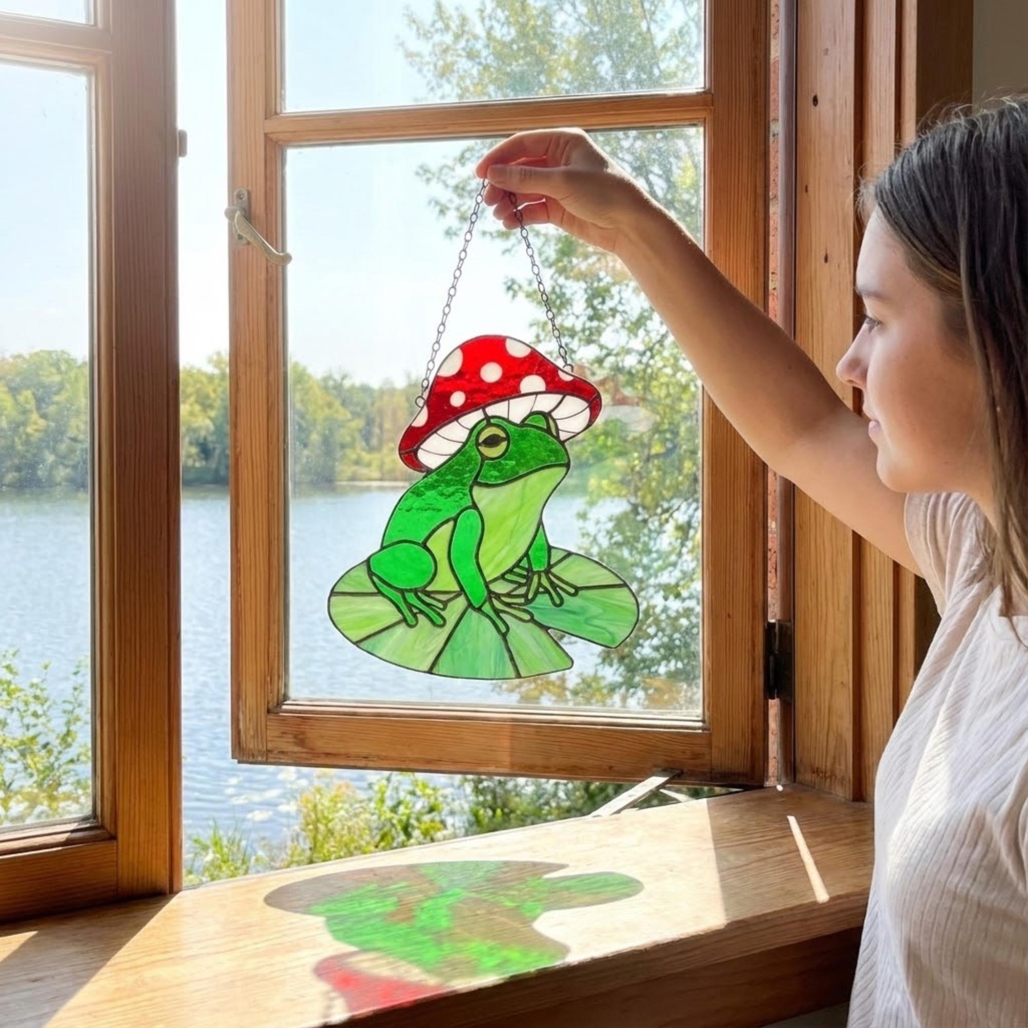 Stained Glass Frog Suncatcher | Mushroom Hat Decor | Goblincore Aesthetic | Cute Toad on Lily Pad | Plant Lover Gift for Her