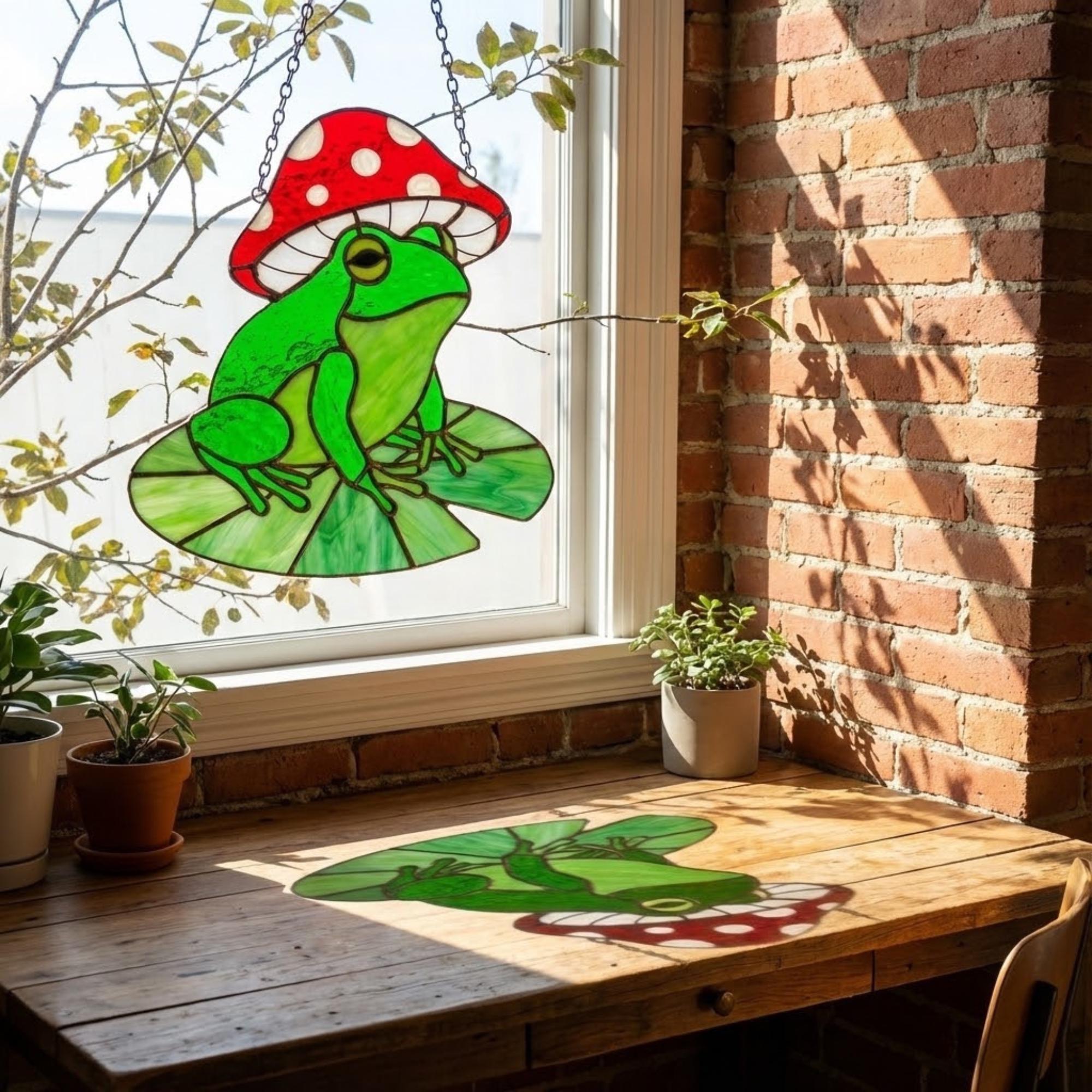 Stained Glass Frog Suncatcher | Mushroom Hat Decor | Goblincore Aesthetic | Cute Toad on Lily Pad | Plant Lover Gift for Her