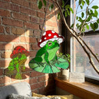 Stained Glass Frog Suncatcher | Mushroom Hat Decor | Goblincore Aesthetic | Cute Toad on Lily Pad | Plant Lover Gift for Her