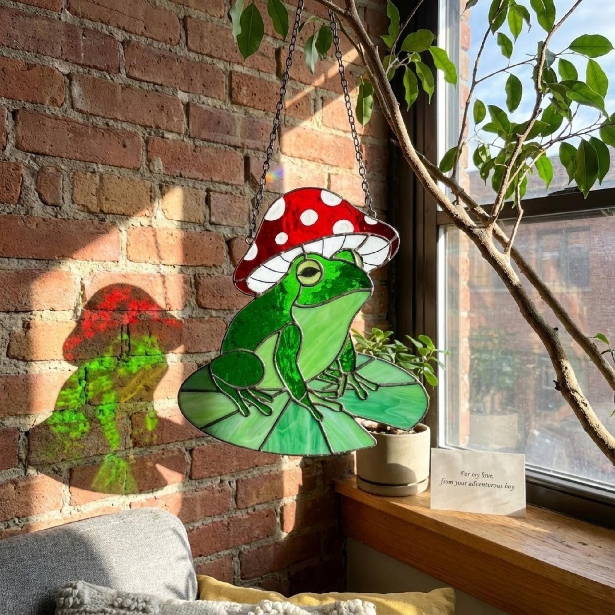 Stained Glass Frog Suncatcher | Mushroom Hat Decor | Goblincore Aesthetic | Cute Toad on Lily Pad | Plant Lover Gift for Her