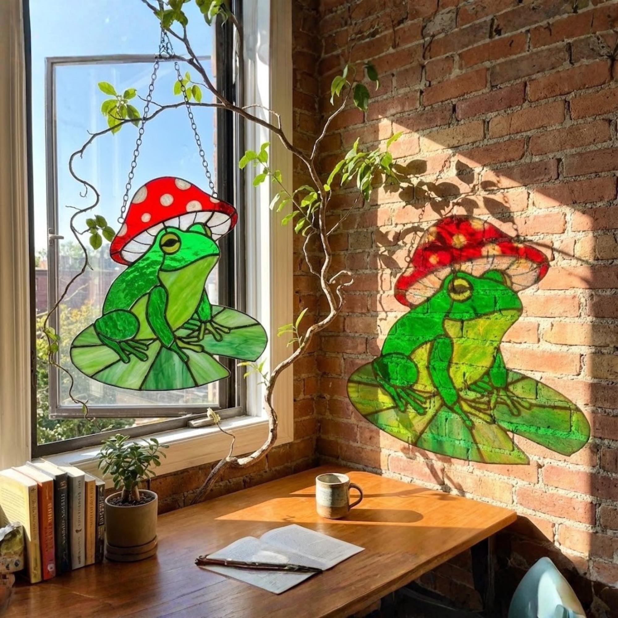 Stained Glass Frog Suncatcher | Mushroom Hat Decor | Goblincore Aesthetic | Cute Toad on Lily Pad | Plant Lover Gift for Her