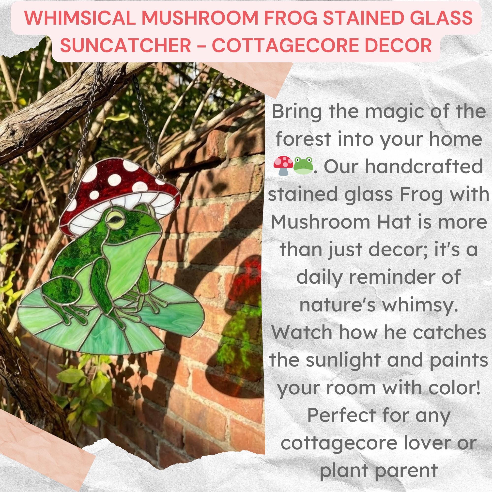 Stained Glass Frog Suncatcher | Mushroom Hat Decor | Goblincore Aesthetic | Cute Toad on Lily Pad | Plant Lover Gift for Her