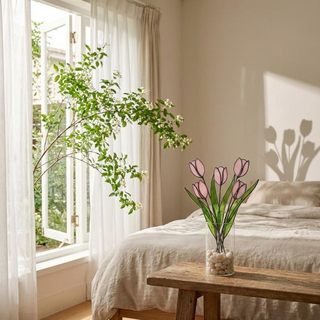 Pink stained glass tulip bouquet 3D flower stems held in hands as Mother's Day gift forever floral art casting colored shadows spring home decor handmade by LuzyGlassArt.