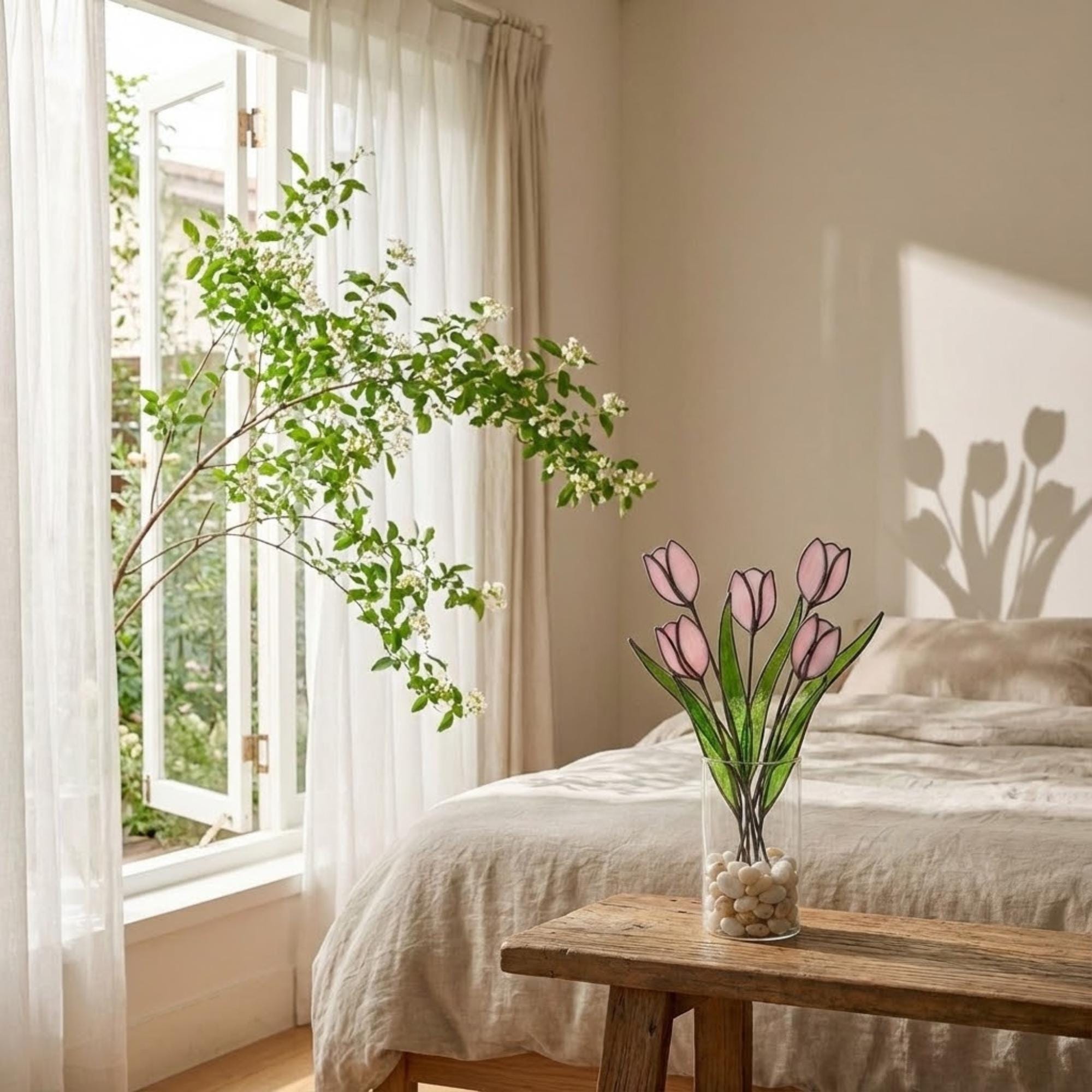 Pink stained glass tulip bouquet 3D flower stems held in hands as Mother's Day gift forever floral art casting colored shadows spring home decor handmade by LuzyGlassArt.