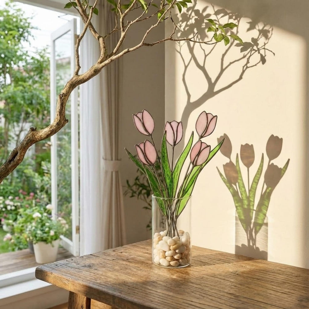 Pink stained glass tulip bouquet 3D flower stems held in hands as Mother's Day gift forever floral art casting colored shadows spring home decor handmade by LuzyGlassArt.