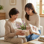 Pink stained glass tulip bouquet 3D flower stems held in hands as Mother's Day gift forever floral art casting colored shadows spring home decor handmade by LuzyGlassArt.