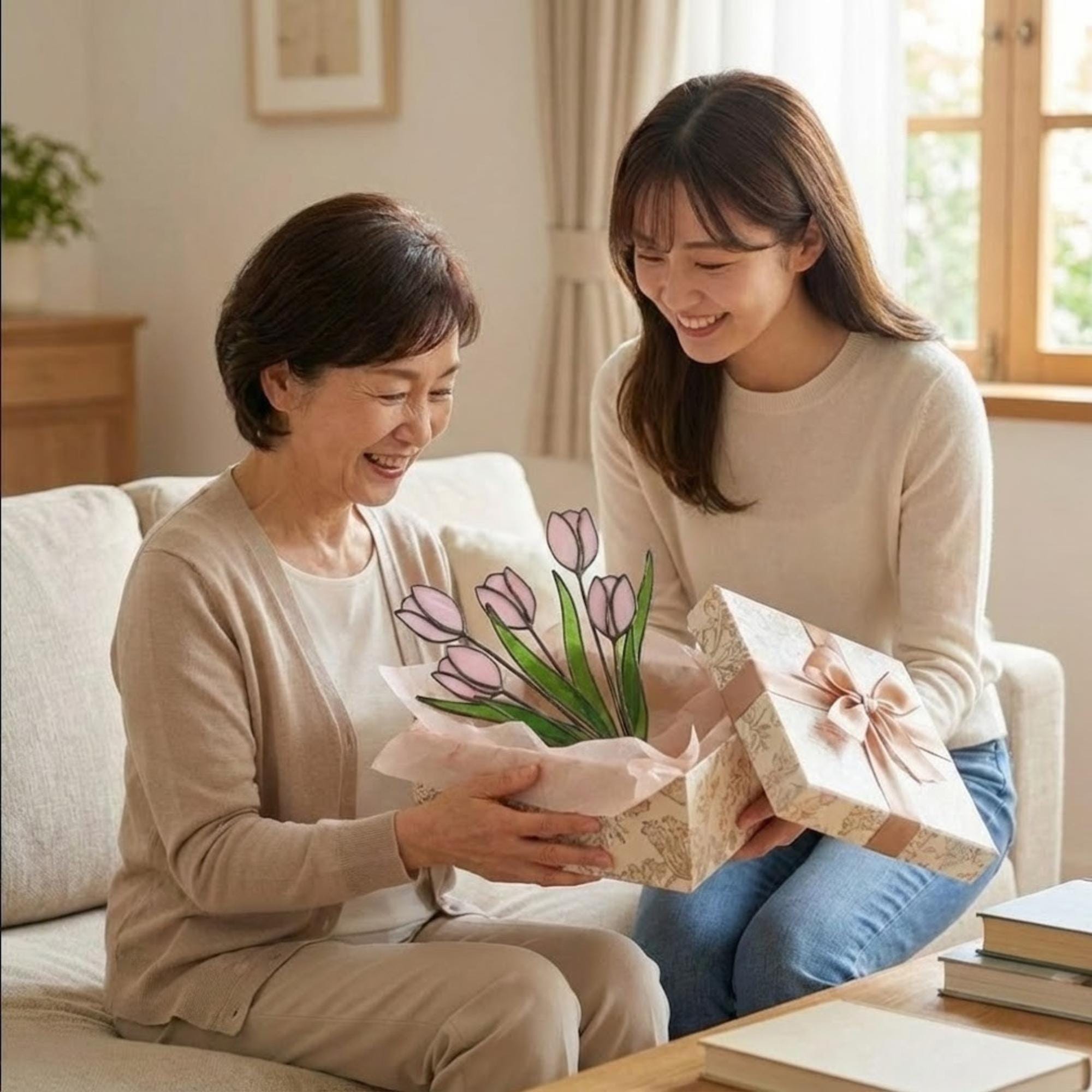 Pink stained glass tulip bouquet 3D flower stems held in hands as Mother's Day gift forever floral art casting colored shadows spring home decor handmade by LuzyGlassArt.