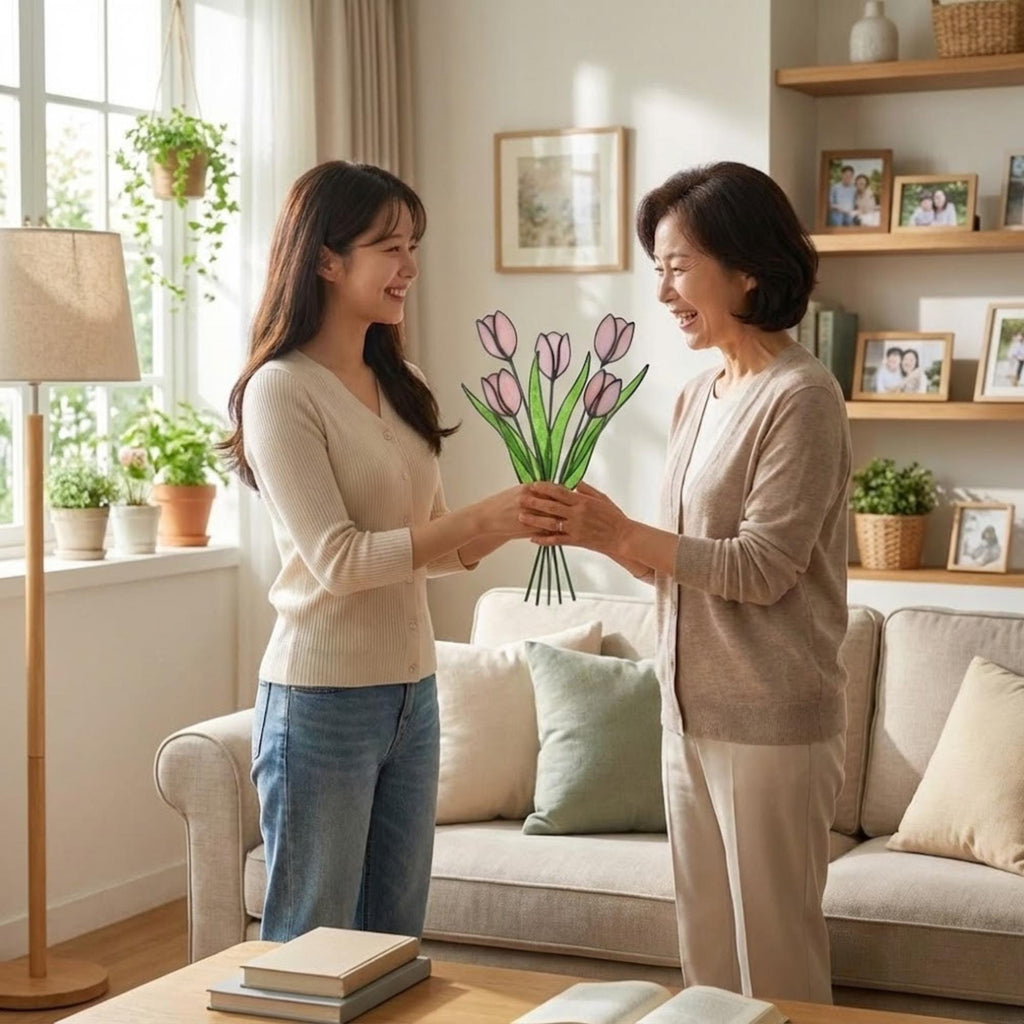 Pink stained glass tulip bouquet 3D flower stems held in hands as Mother's Day gift forever floral art casting colored shadows spring home decor handmade by LuzyGlassArt.