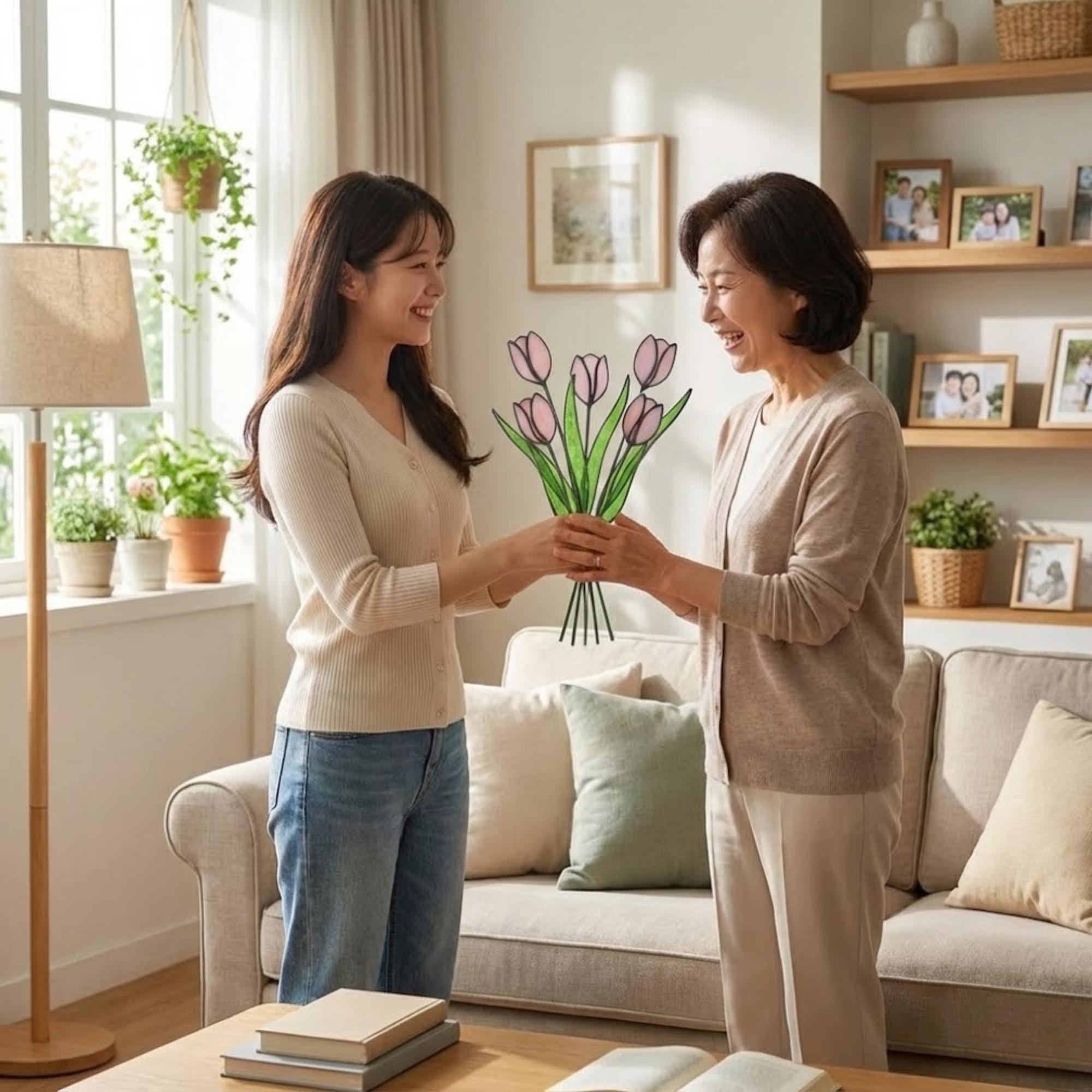 Pink stained glass tulip bouquet 3D flower stems held in hands as Mother's Day gift forever floral art casting colored shadows spring home decor handmade by LuzyGlassArt.