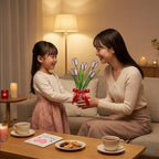 Pink stained glass tulip bouquet 3D flower stems held in hands as Mother's Day gift forever floral art casting colored shadows spring home decor handmade by LuzyGlassArt.