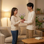 Pink stained glass tulip bouquet 3D flower stems held in hands as Mother's Day gift forever floral art casting colored shadows spring home decor handmade by LuzyGlassArt.