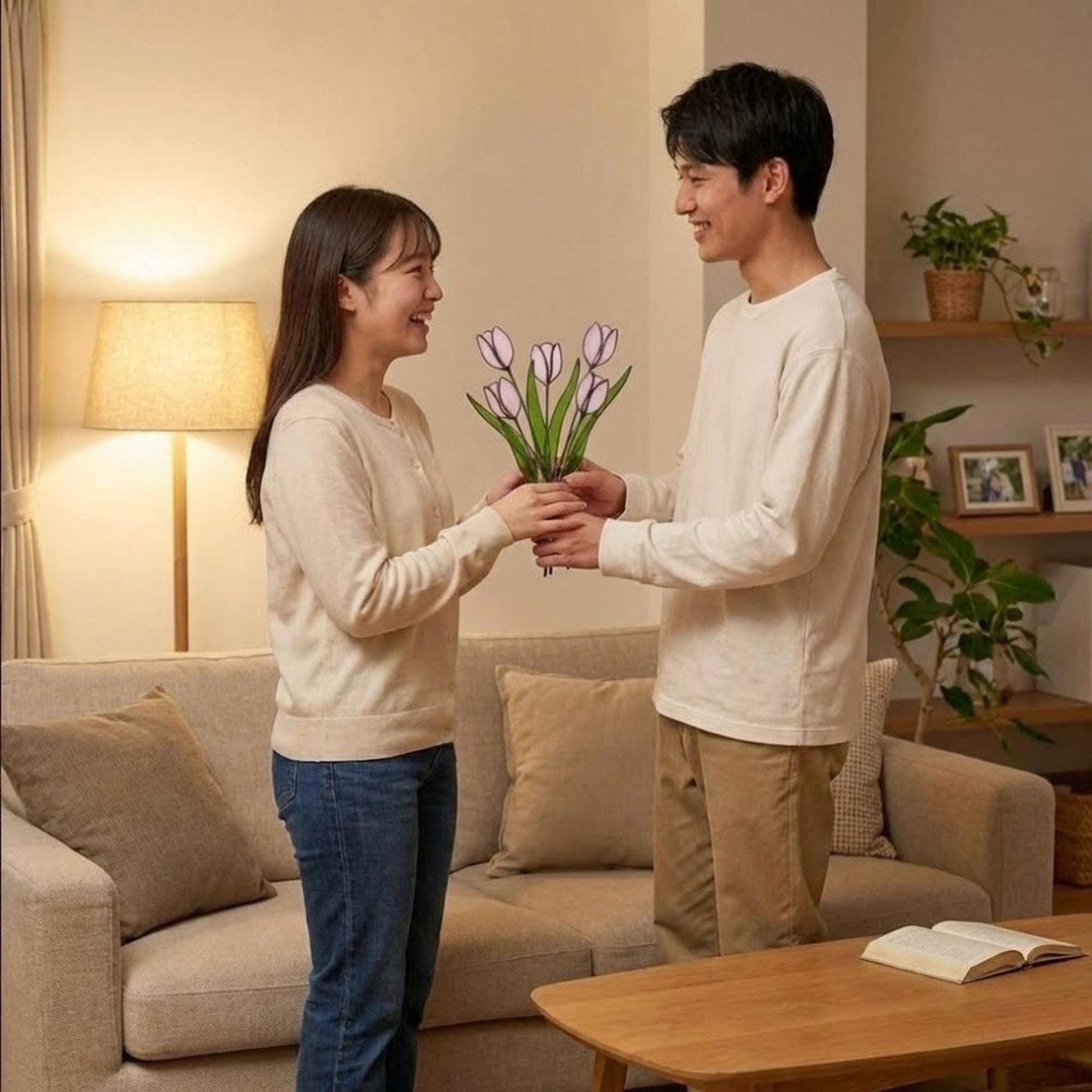 Pink stained glass tulip bouquet 3D flower stems held in hands as Mother's Day gift forever floral art casting colored shadows spring home decor handmade by LuzyGlassArt.