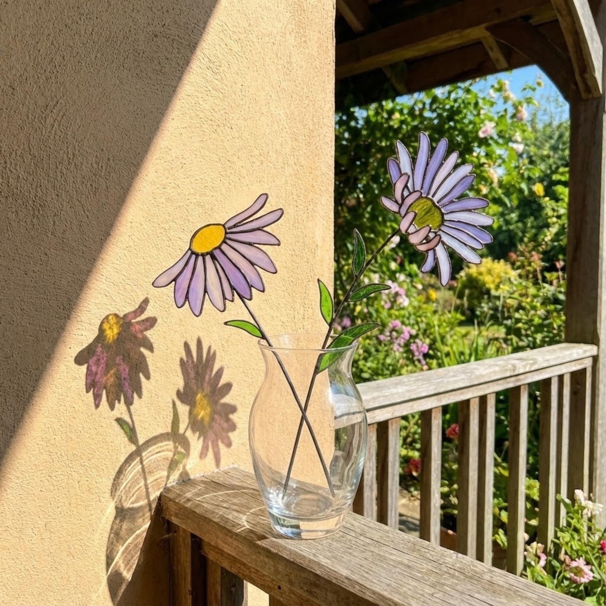 Stained glass purple aster flower bouquet, artificial wildflower stem for vase decor, purple daisy glass art gift for her.