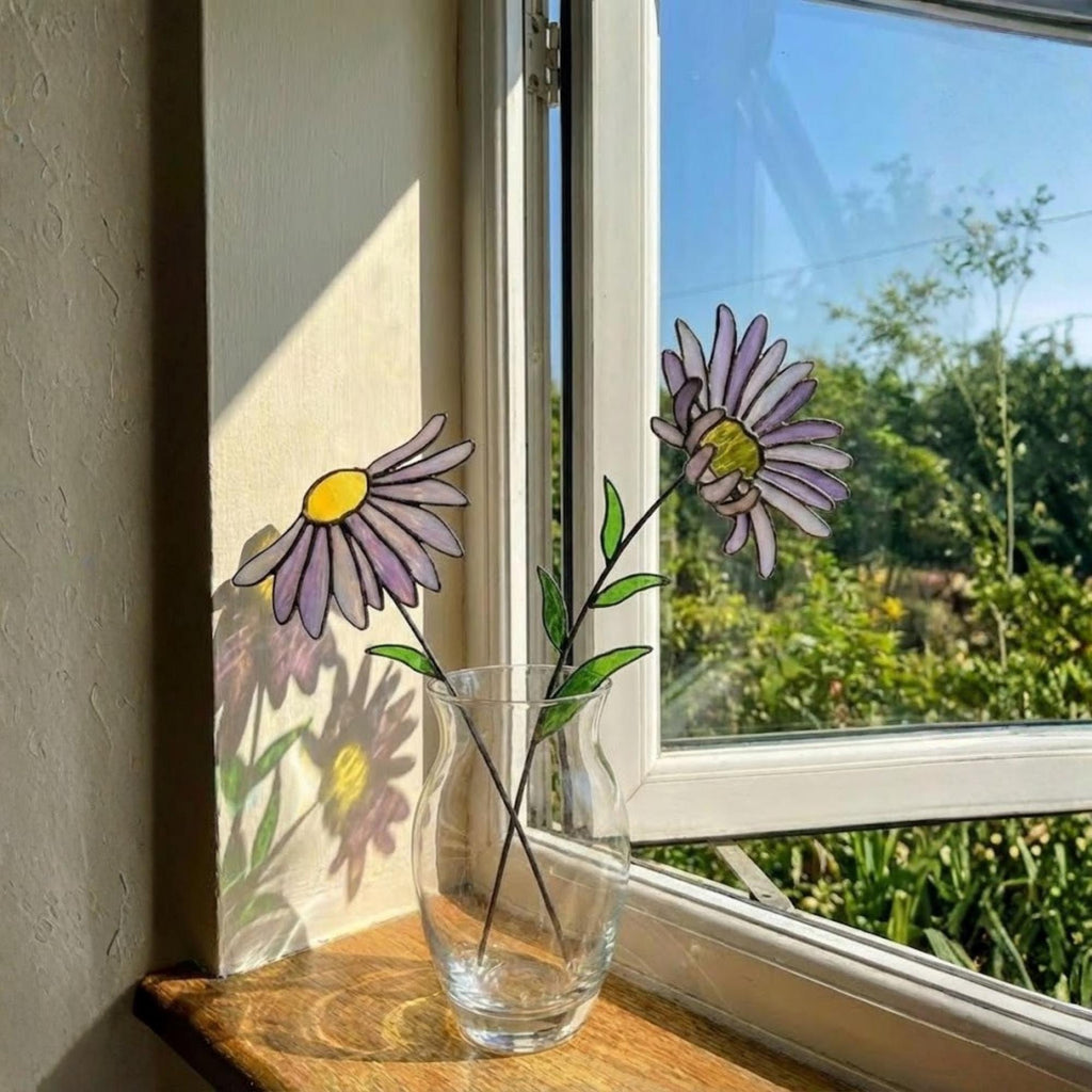 Stained glass purple aster flower bouquet, artificial wildflower stem for vase decor, purple daisy glass art gift for her.