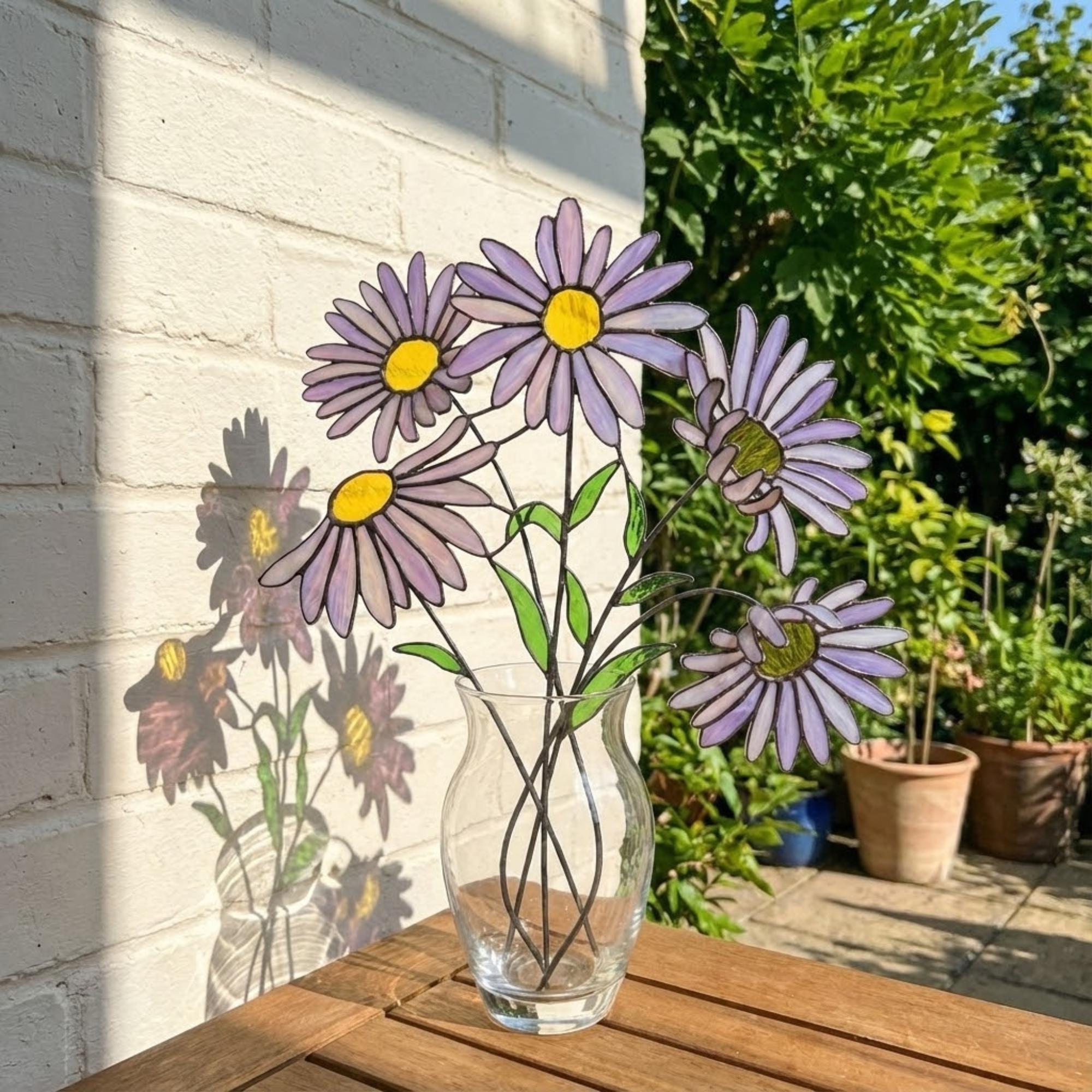 Stained glass purple aster flower bouquet, artificial wildflower stem for vase decor, purple daisy glass art gift for her.