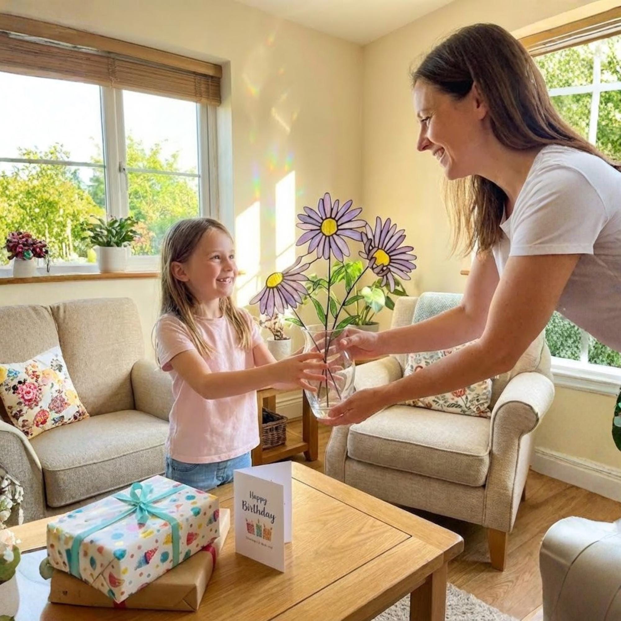 Stained glass purple aster flower bouquet, artificial wildflower stem for vase decor, purple daisy glass art gift for her.