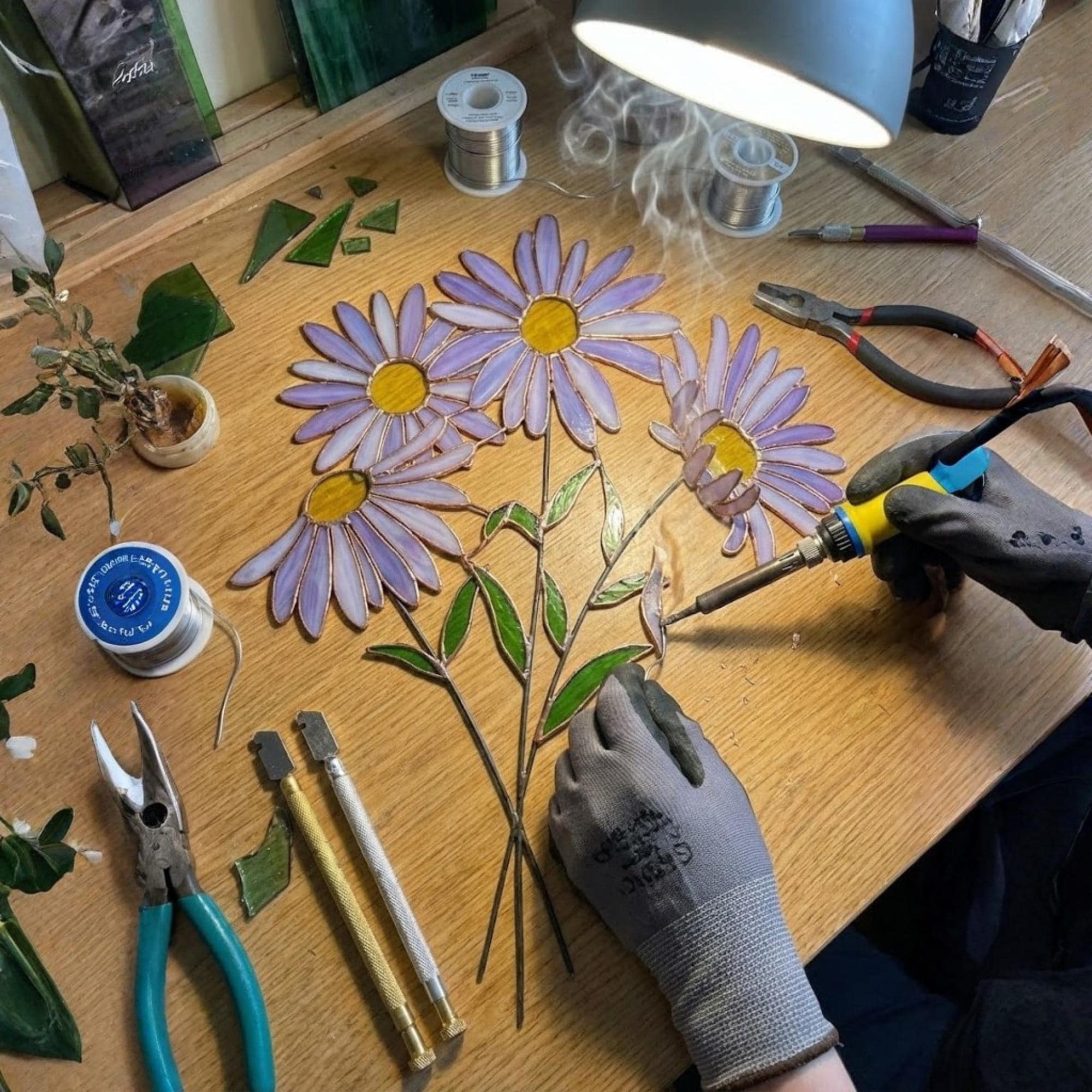 Stained glass purple aster flower bouquet, artificial wildflower stem for vase decor, purple daisy glass art gift for her.