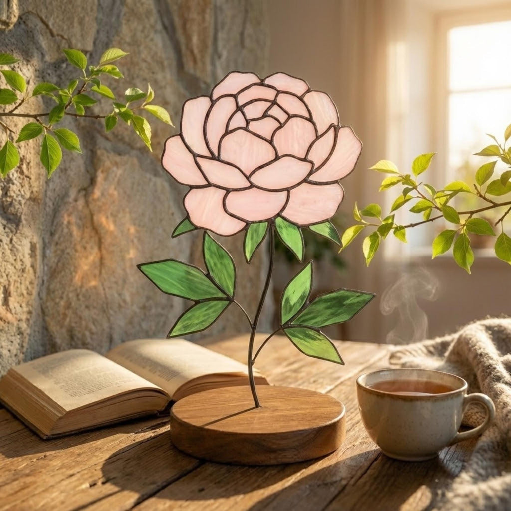 Stained Glass Peony Flower, 3D Standing Art on Wood Base, Forever Floral Gift for Mom, Glass Anniversary, Cottagecore Decor, Valentine Gift