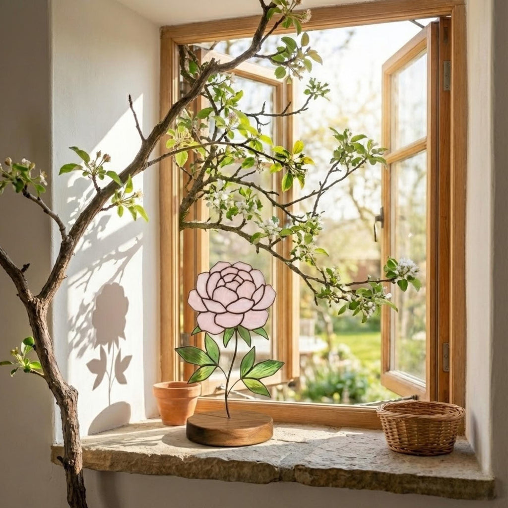 Stained Glass Peony Flower, 3D Standing Art on Wood Base, Forever Floral Gift for Mom, Glass Anniversary, Cottagecore Decor, Valentine Gift