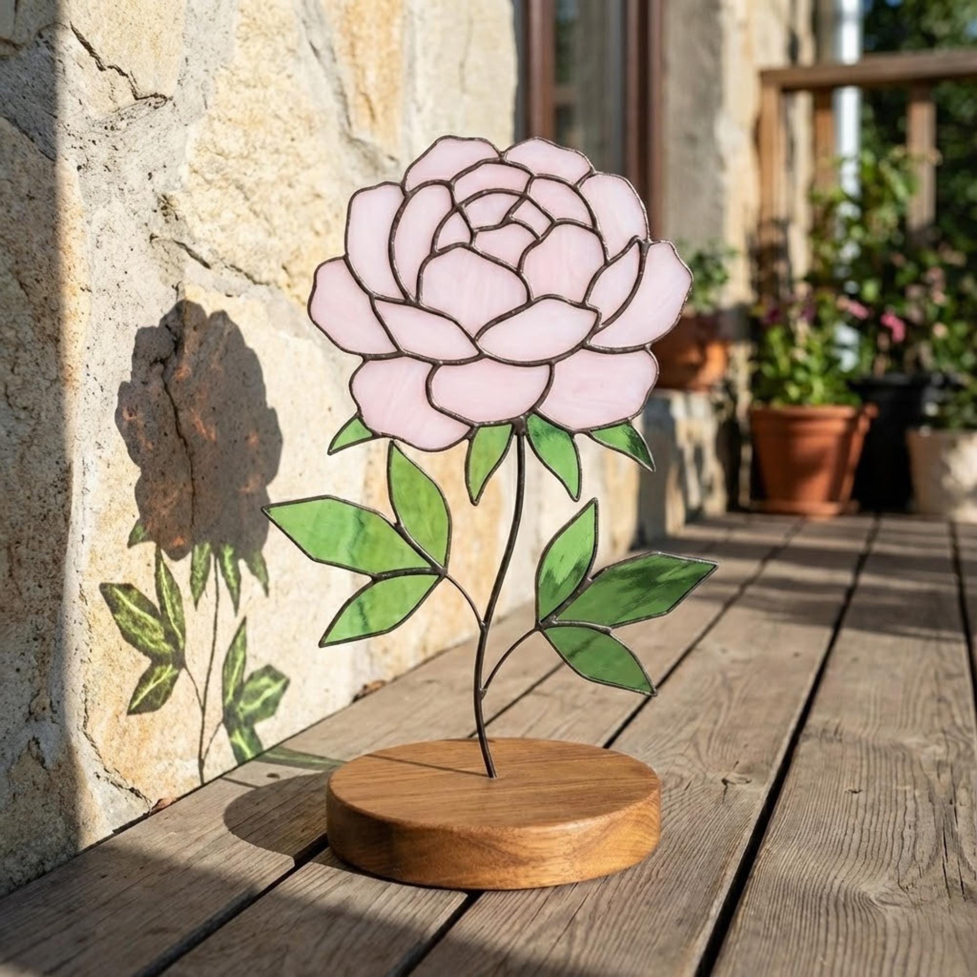 Stained Glass Peony Flower, 3D Standing Art on Wood Base, Forever Floral Gift for Mom, Glass Anniversary, Cottagecore Decor, Valentine Gift