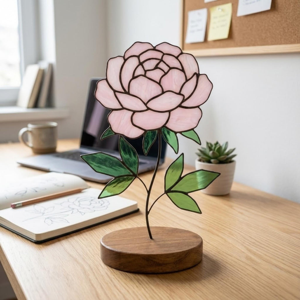 Stained Glass Peony Flower, 3D Standing Art on Wood Base, Forever Floral Gift for Mom, Glass Anniversary, Cottagecore Decor, Valentine Gift