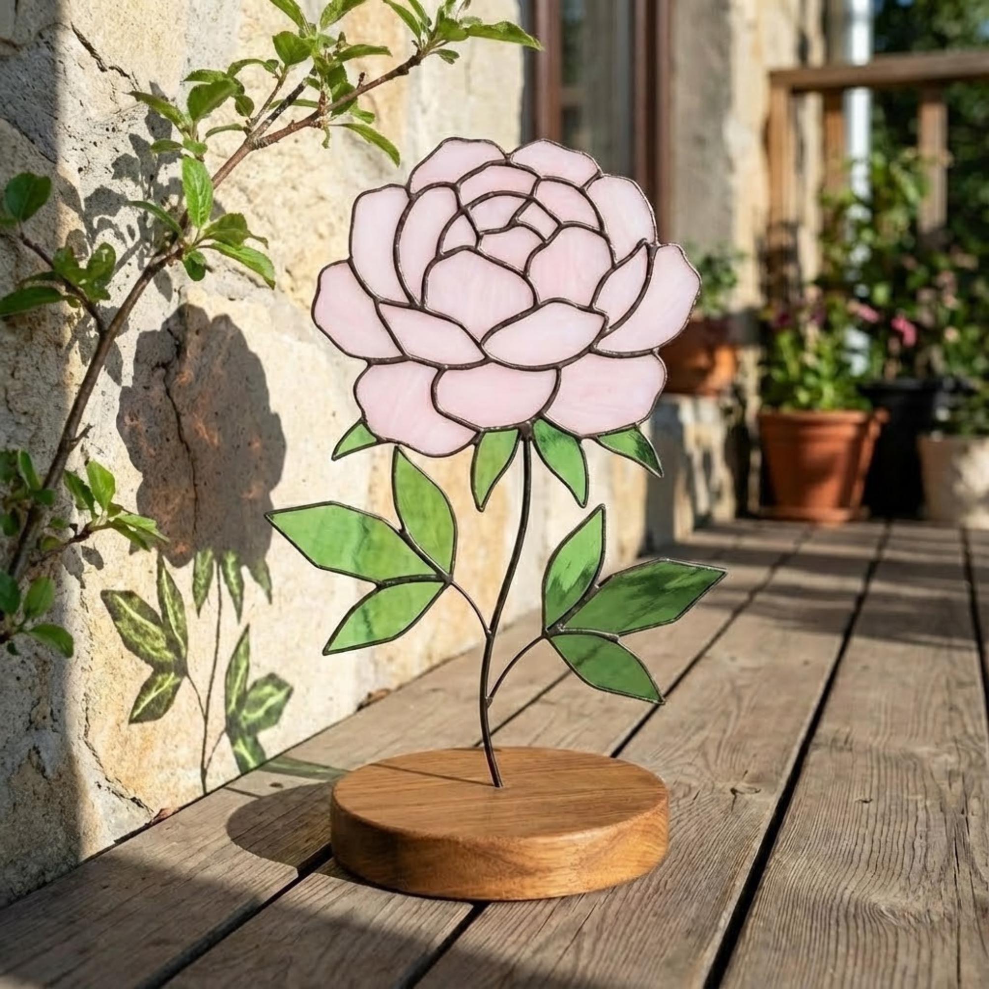 Stained Glass Peony Flower, 3D Standing Art on Wood Base, Forever Floral Gift for Mom, Glass Anniversary, Cottagecore Decor, Valentine Gift