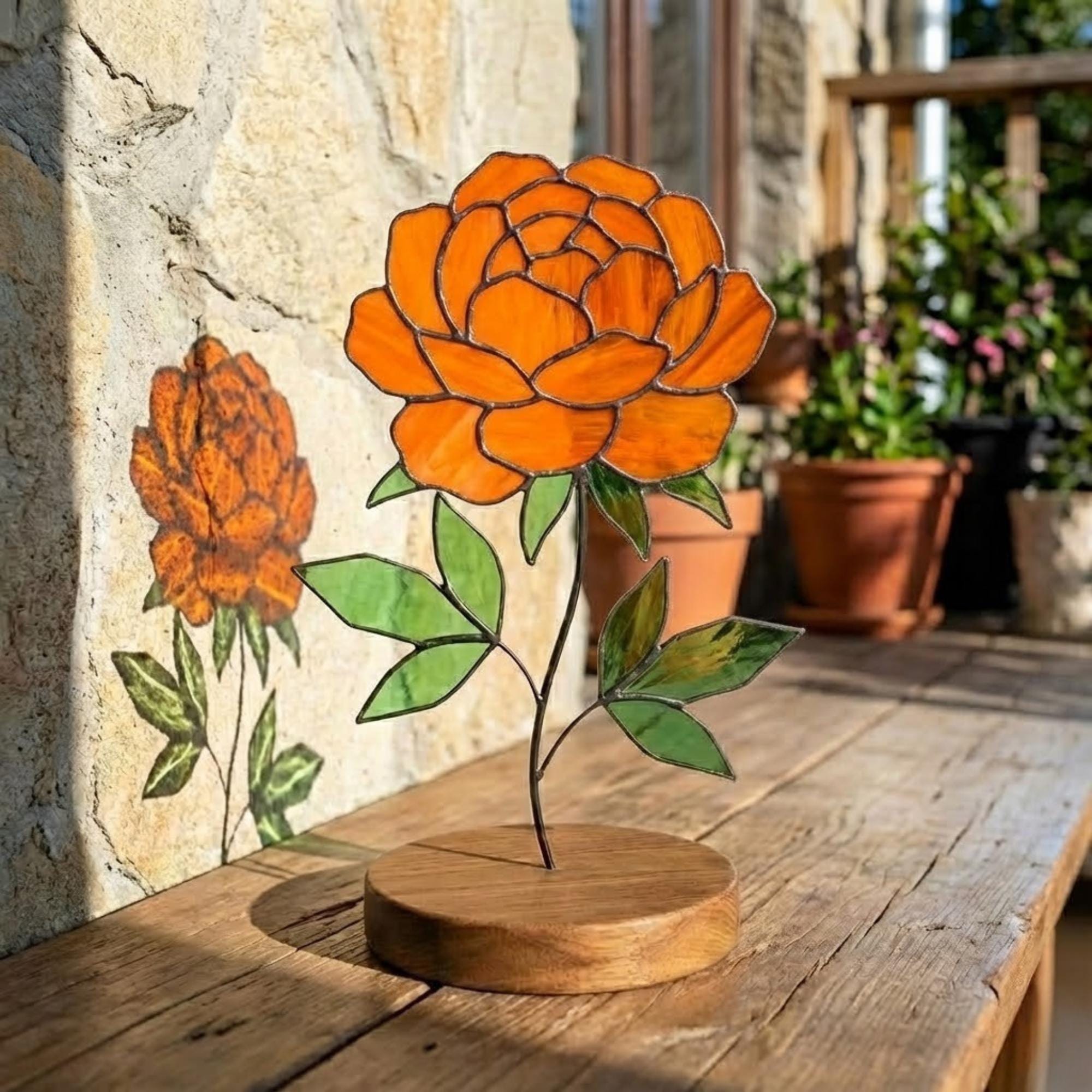 Stained Glass Peony Flower, 3D Standing Art on Wood Base, Forever Floral Gift for Mom, Glass Anniversary, Cottagecore Decor, Valentine Gift