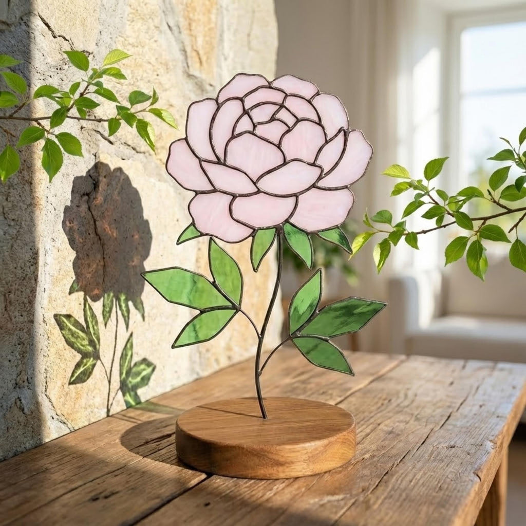 Stained Glass Peony Flower, 3D Standing Art on Wood Base, Forever Floral Gift for Mom, Glass Anniversary, Cottagecore Decor, Valentine Gift
