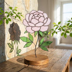 Stained Glass Peony Flower, 3D Standing Art on Wood Base, Forever Floral Gift for Mom, Glass Anniversary, Cottagecore Decor, Valentine Gift