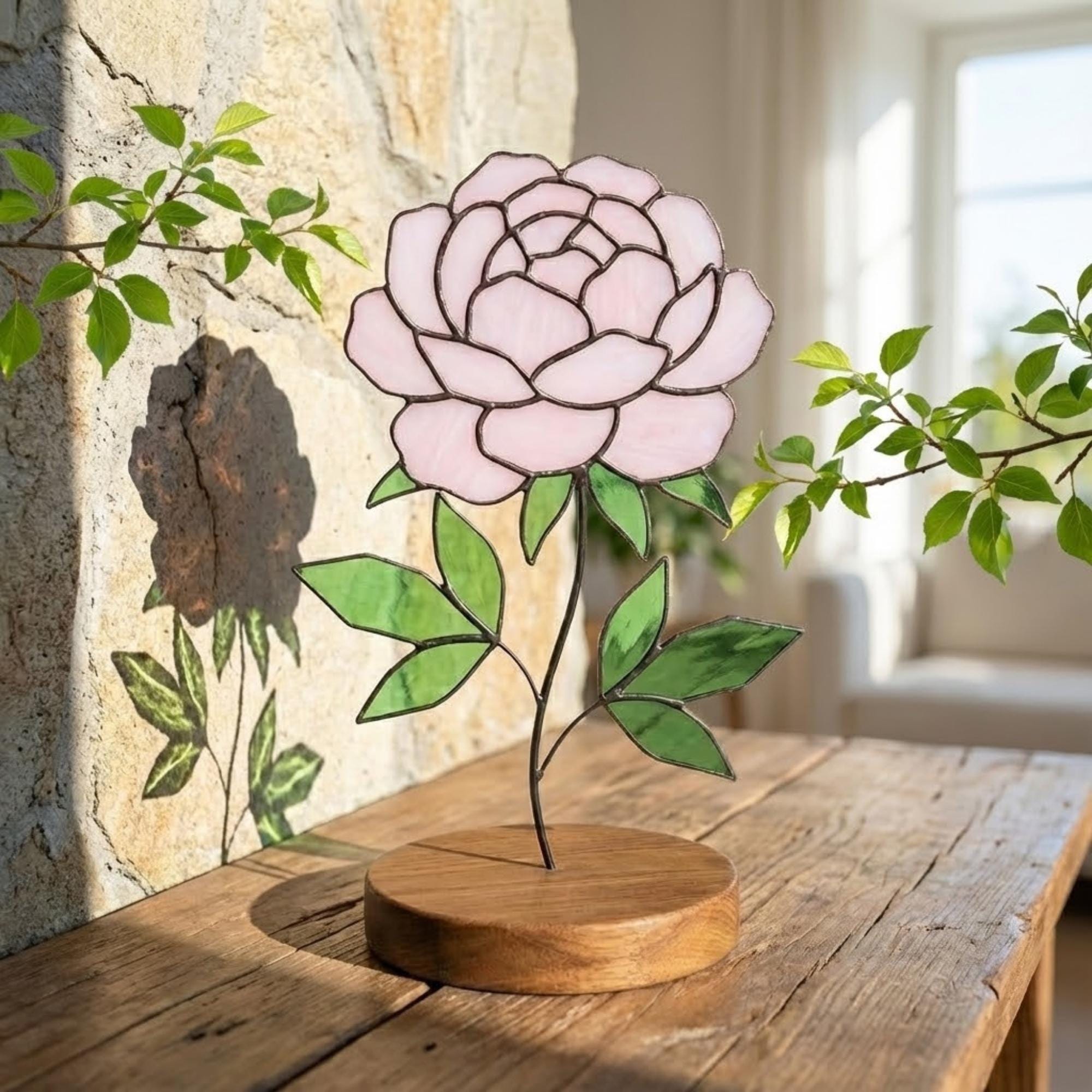 Stained Glass Peony Flower, 3D Standing Art on Wood Base, Forever Floral Gift for Mom, Glass Anniversary, Cottagecore Decor, Valentine Gift