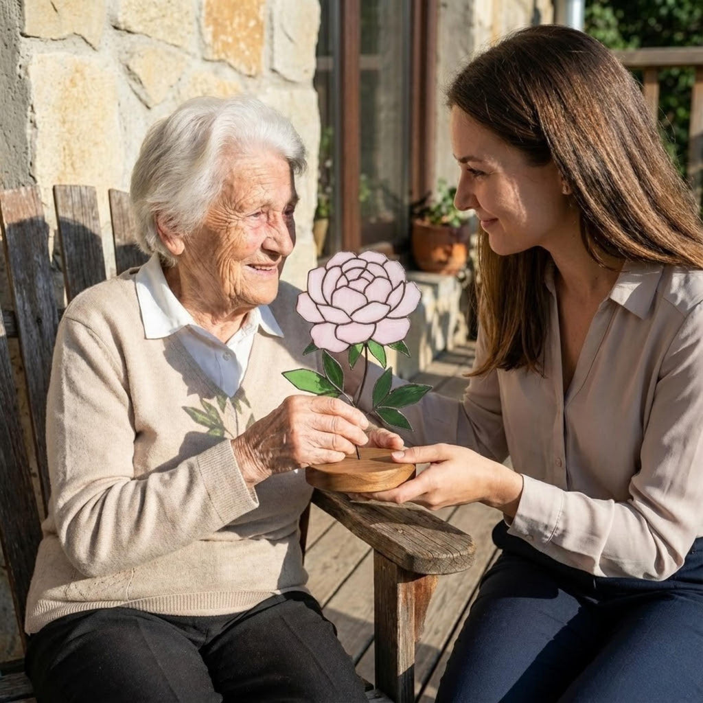 Stained Glass Peony Flower, 3D Standing Art on Wood Base, Forever Floral Gift for Mom, Glass Anniversary, Cottagecore Decor, Valentine Gift